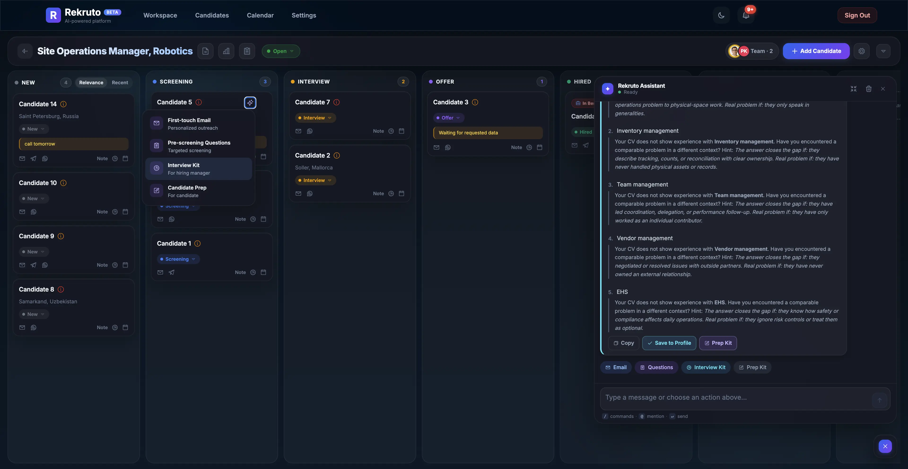 Rekruto AI assistant (dark theme)