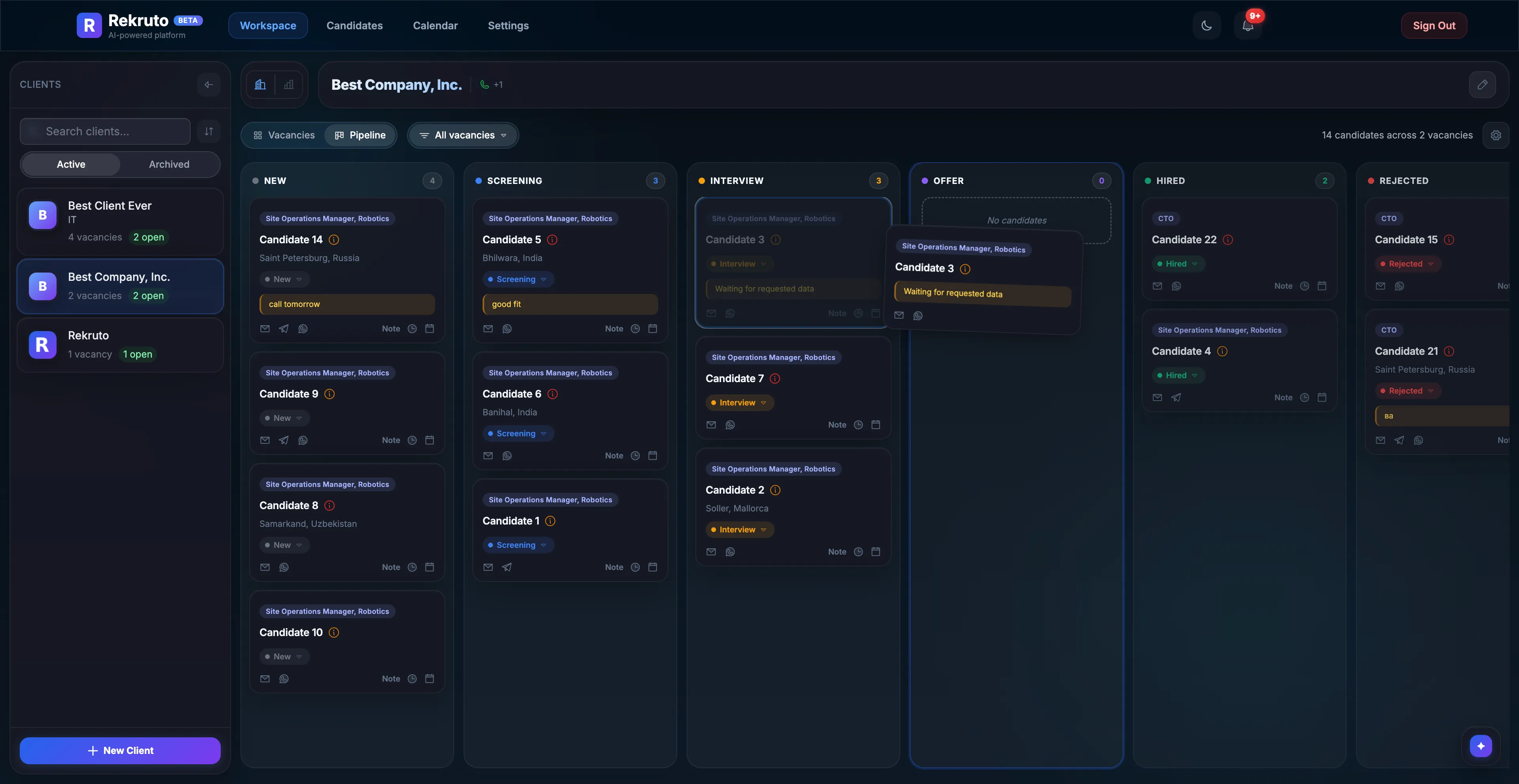 Rekruto workspace (dark theme)